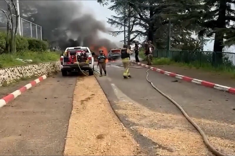 Israeli firefighters battle vehicles blaze after missile attack from Lebano | Israel attacks Lebanon